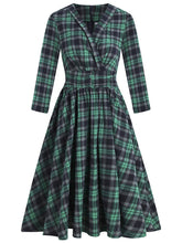 Load image into Gallery viewer, Green Plaid 3/4 Sleeve V Neck 1950S Vintage Dress
