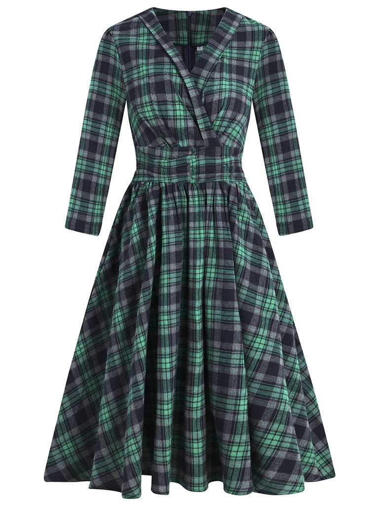 Green Plaid 3/4 Sleeve V Neck 1950S Vintage Dress