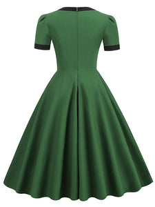 Green Big Bow Square Collar 1950S Vintage Dress