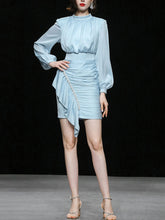 Load image into Gallery viewer, Blue Lantern Long Sleeve Crinkled Bodycon Satin Party Dress