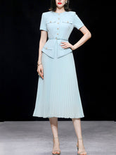 Load image into Gallery viewer, Retro Blue Short Sleeve New Look Style Pleated Fake Two Piece Suit Dress