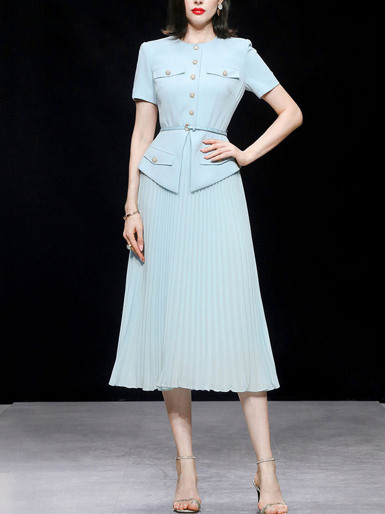 Retro Blue Short Sleeve New Look Style Pleated Fake Two Piece Suit Dress