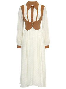 1950S Apricot Polka Dots Fake Two Piece With Khaki Vest Vintage Dress