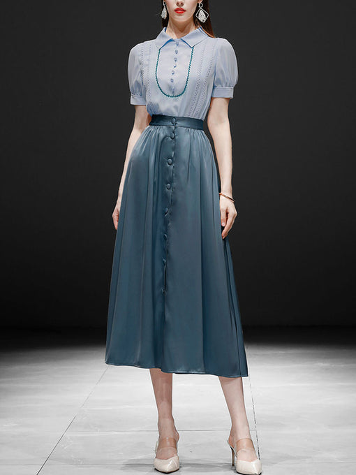 Light Blue Turn Collar Shirt And Lake Blue Skirt Set