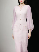 Load image into Gallery viewer, Light Pink Solid Color Puff Long Sleeve V-Neck Pearl 1940S Dress