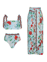 Load image into Gallery viewer, Green Retro Floral Print Strappy Bikini With Wrap Skirt Swimsuit