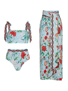 Green Retro Floral Print Strappy Bikini With Wrap Skirt Swimsuit