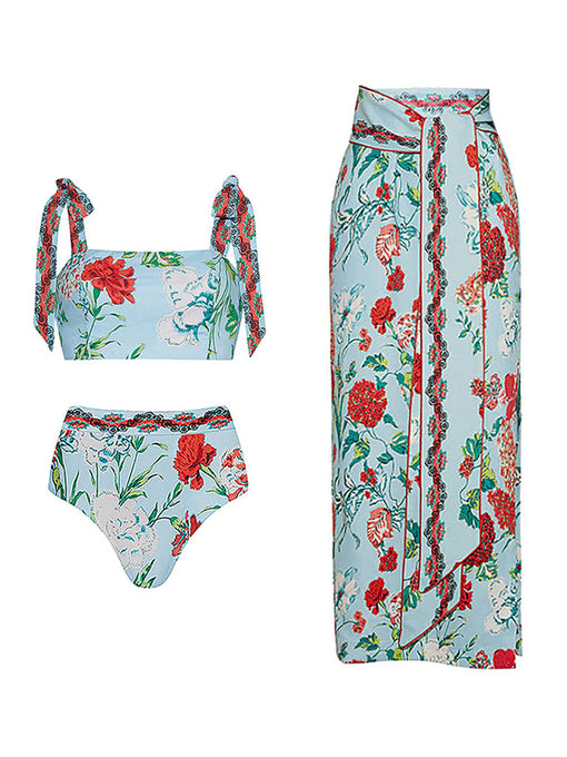 Green Retro Floral Print Strappy Bikini With Wrap Skirt Swimsuit