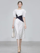 Load image into Gallery viewer, White Puff Sleeve Waist Black Knotted Audrey Hepburn&#39;s 1950S Dress