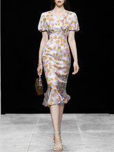 Load image into Gallery viewer, Orange V Neck Puff Sleeve Princess Mermaid 1960S Dress