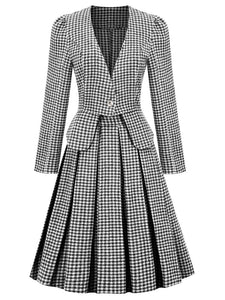 1950S  Green Houndstooth Long Sleeve Vintage Blazer Swing Dress Set
