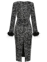 Load image into Gallery viewer, Black Sweet Feather Hem Sequin Long Sleeve Bodycon Sexy Gown Party Dress