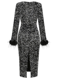 Black Sweet Feather Hem Sequin Long Sleeve Bodycon Sexy Gown Party Dress