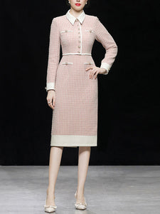 Pastel Pink Lapel Long Sleeve Tweed 1960S Dress