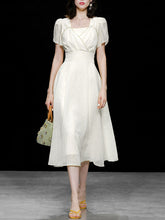 Load image into Gallery viewer, White Bud Sleeve Pearl Square Neck Chiffon 1950S Vintage Dress