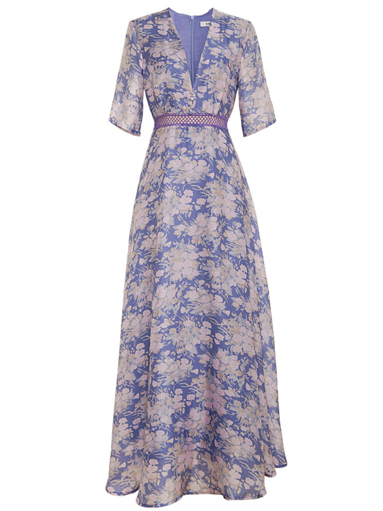 Lilac V Neck Short Sleeve Floral Print Maxi Dress Beach Vacation Outfit