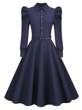 Load image into Gallery viewer, Navy Turn Down Collar Puff Long Sleeve 1950S Vintage Swing Dress