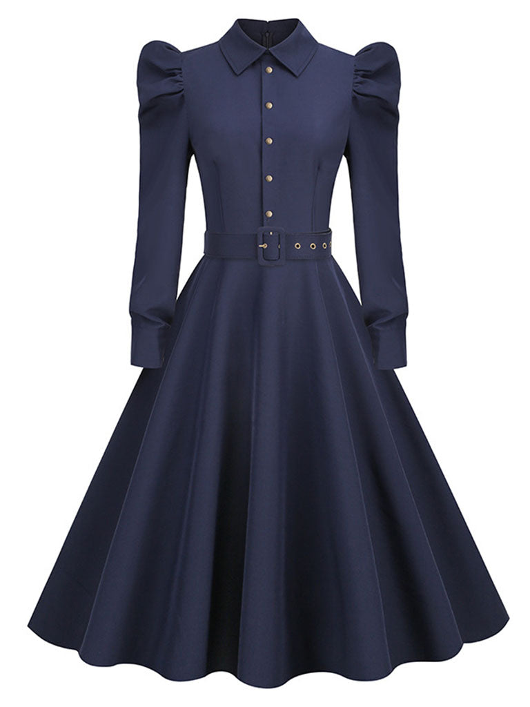Navy Turn Down Collar Puff Long Sleeve 1950S Vintage Swing Dress