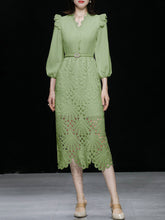Load image into Gallery viewer, Green V Neck  3/4 Sleeve Lace 1960S Dress