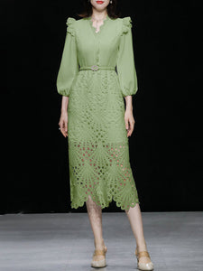 Green V Neck  3/4 Sleeve Lace 1960S Dress