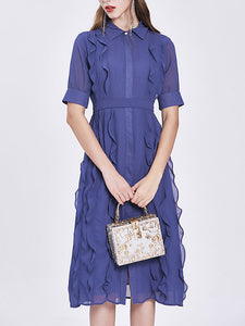 Blue Turndown Collar Ruffles 1940S Dress
