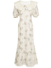 Load image into Gallery viewer, White Floral Print Puff Sleeve Vintage Mermaid 1940S Fish Tail Vintage Lace Dress