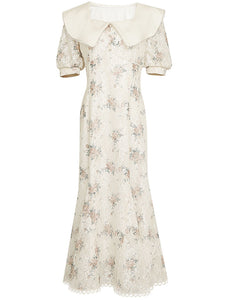 White Floral Print Puff Sleeve Vintage Mermaid 1940S Fish Tail Vintage Lace Dress