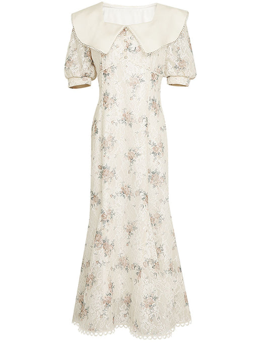 White Floral Print Puff Sleeve Vintage Mermaid 1940S Fish Tail Vintage Lace Dress