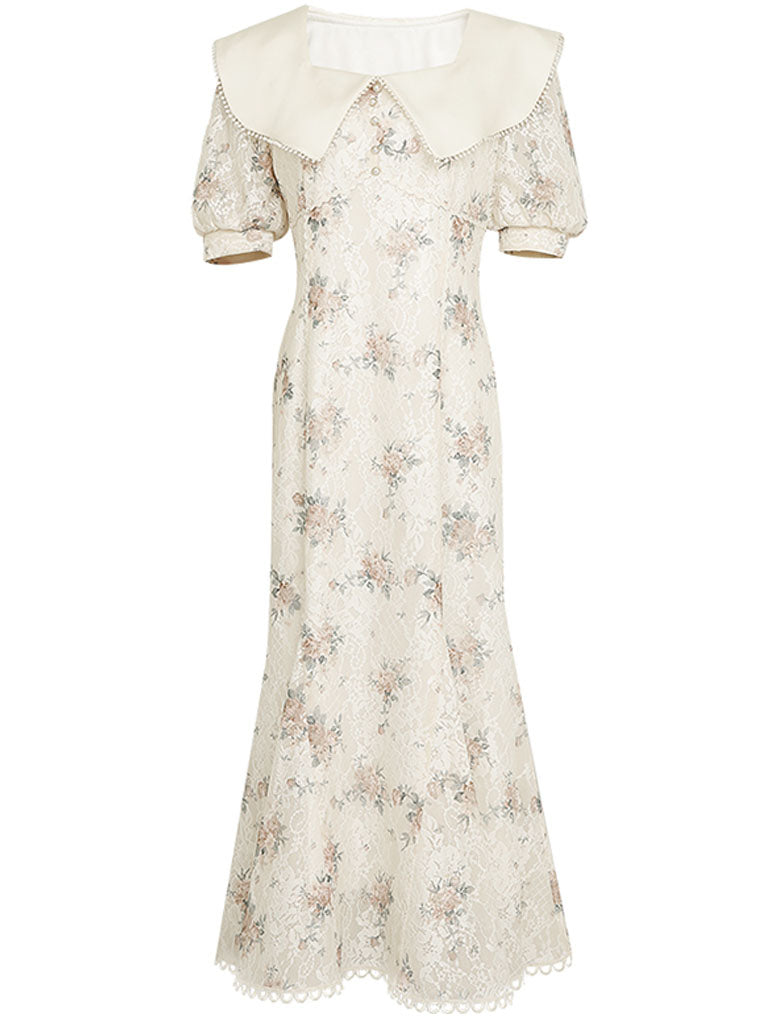 White Floral Print Puff Sleeve Vintage Mermaid 1940S Fish Tail Vintage Lace Dress