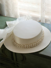 Load image into Gallery viewer, White Big Bow Wedding Pearls Hat With Vintage Boater Hat