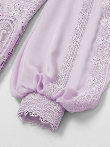 Lilac Lantern Sleeve Embroidered Lace Chiffon 1930S Dress