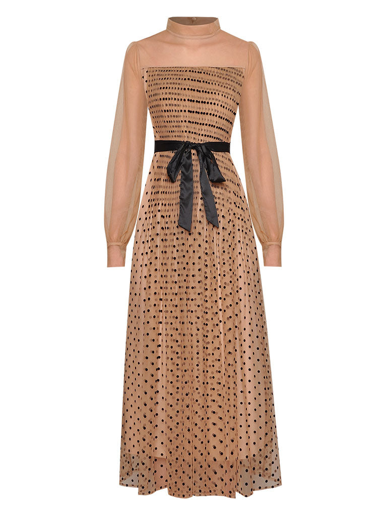 Honey Flocking Polka Dots Long Sleeve Maxi Party Dress