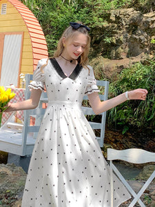 Lace V Neck Polka Dots Puff Sleeve Vintage Dress