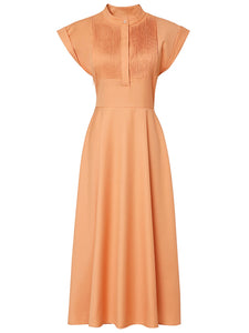 Orange Pleated Cap Sleeve Audrey Hepburn Style 50S Dress