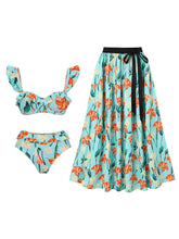 Load image into Gallery viewer, Light Green Retro Floral Print Bikini With Bathing Suit Swing Skirt