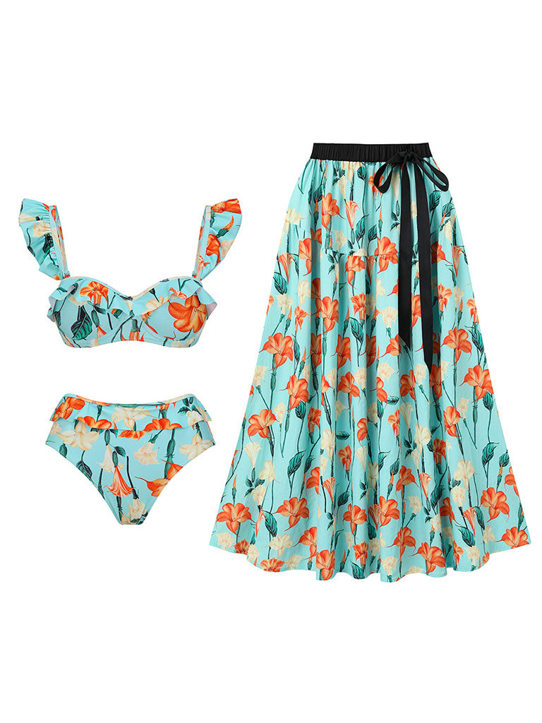 Light Green Retro Floral Print Bikini With Bathing Suit Swing Skirt