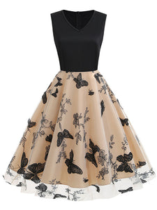 Black V Neck Butterfly 1950S Vintage Swing Dress