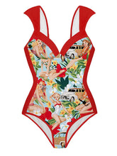 Load image into Gallery viewer, Red Retro Poster Print One Piece With Bathing Suit Wrap Skirt