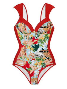Red Retro Poster Print One Piece With Bathing Suit Wrap Skirt