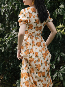 Orange Rose Sweet Heart Collar Puff Sleeve 1950S Vintage Dress