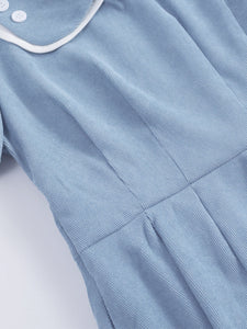 Baby Blue Corduroy Bud Short Sleeves 1950S Vinatge Dress With Pockets