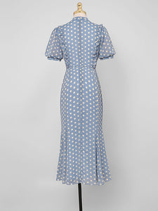 Blue Polka Dots Puff Sleeve Vintage Chiffon Dress