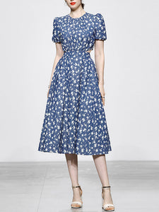 Lake Blue Floral Print Waist Cut Out Puff Sleeve Summer 1950S Dress