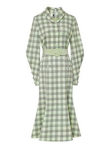 Green Plaid Long Sleeve Vintage Mermaid 1940S Fish Tail Dress With Belt