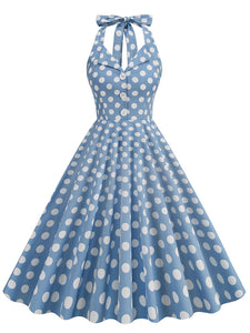 Green And White Polka Dots Pockets Vintage Halter 1950S Dress With Button