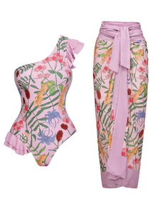Pink Floral Print Retro Style Ruffles One Piece With Bathing Suit Wrap Skirt