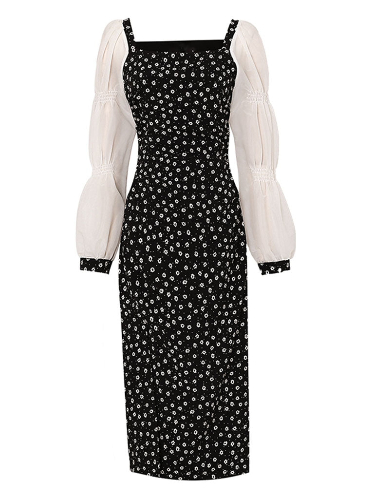 Black Daisy Print Split Straight Dress With White Long Sleeve, Black / M