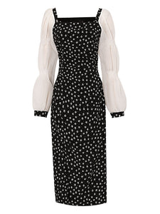 Black Daisy Print Split Straight Dress With White Long Sleeve