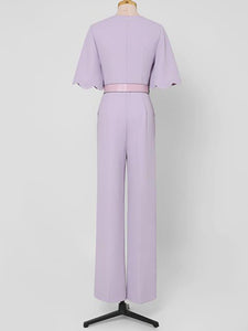 Lilac Elegant Crew Neck Flower Cut Out Short Sleeves With High Waist Slim Wide Leg Jumpsuit