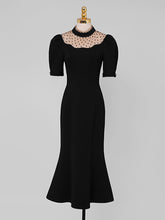 Load image into Gallery viewer, Semi-Sheer Polka Dots Puff Sleeve Little Black Fishtail Dress Vintage Style